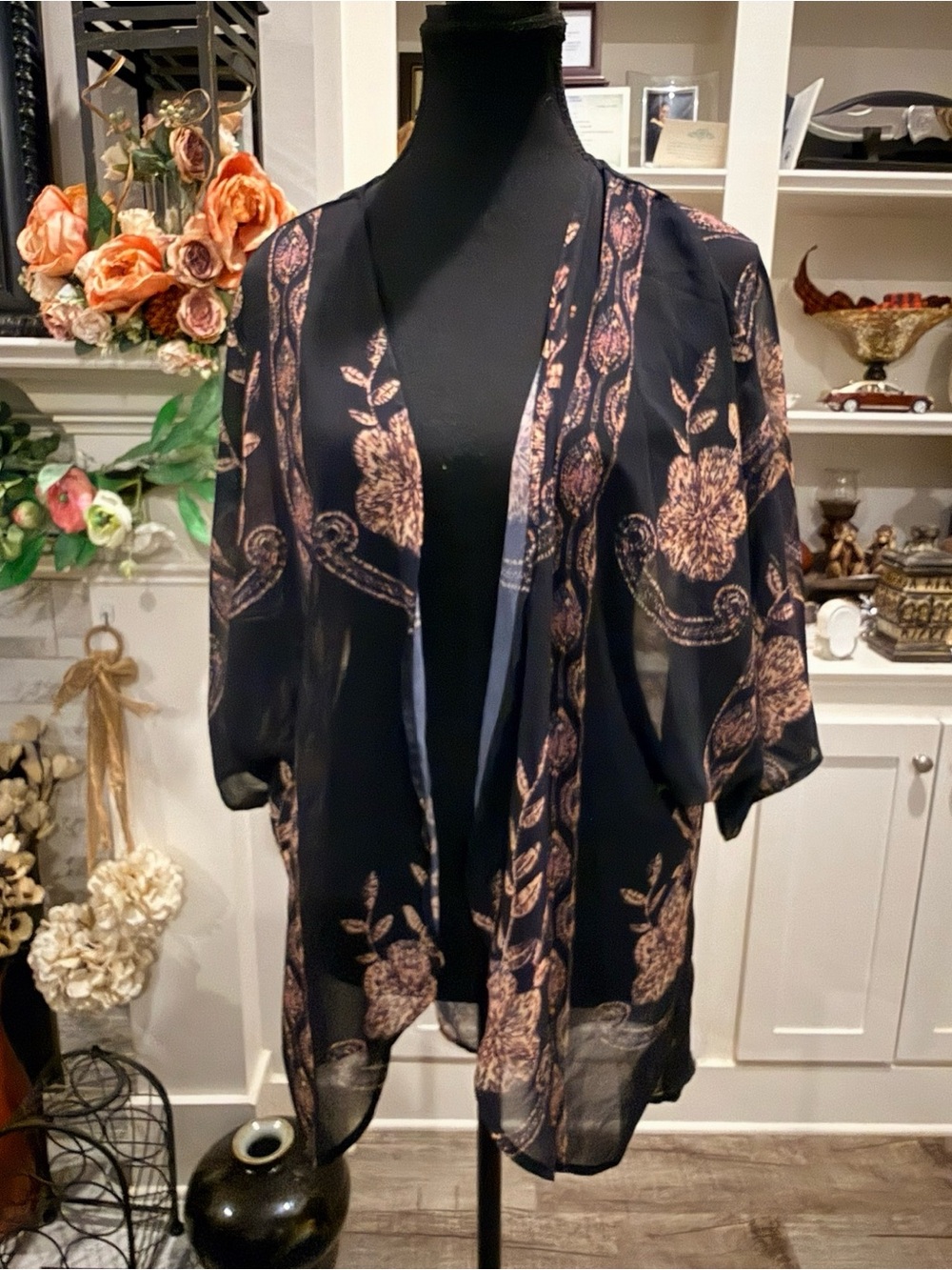 Sheer Black Floral Kimono Cardigan - Unbranded